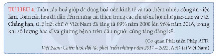 Khai thác thông tin và Tư liệu 4 trong mục, hãy giải thích tác động tích cực của toàn cầu hoá đối với Việt Nam thông qua ví dụ cụ thể. (ảnh 1)