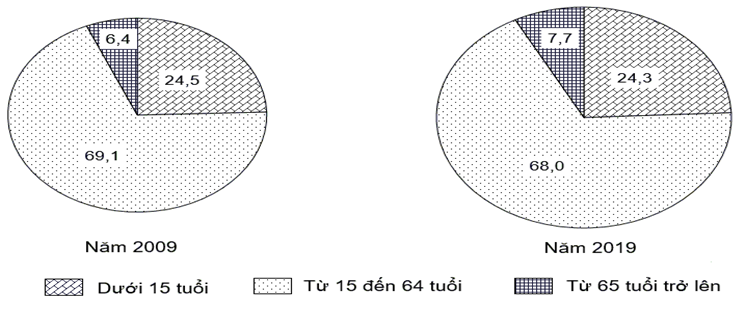 Cho biểu đồ sau:   CƠ CẤU DÂN SỐ PHÂN THEO NHÓM TUỔI CỦA NƯỚC TA  NĂM 2009 VÀ NĂM 2019 (%) (Số liệu theo Tổng điều tra dân số Việt Nam năm 2019) Theo biểu đồ, nhận xét nào sau đây đúng với cơ cấu và sự thay đổi cơ cấu dân số phân theo nhóm tuổi của nước ta năm 2019 so với năm 2009? (ảnh 1)