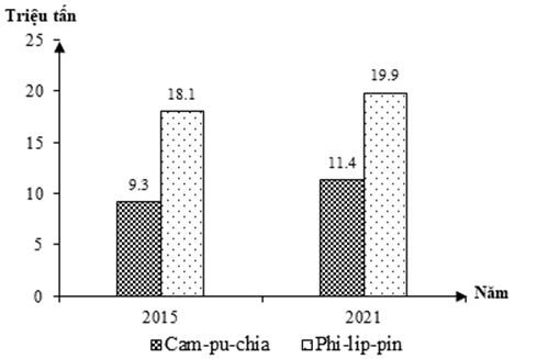 Cho biểu đồ:    SẢN LƯỢNG GẠO CỦA CAM-PU-CHIA VÀ PHI-LIP-PIN NĂM 2015 VÀ 2021 (Nguồn: Niên giám thống kê Việt Nam 2021, NXB Thống kê, 2022) Theo biểu đồ, nhận xét nào sau đây đúng về sự thay đổi sản lượng gạo của Cam-pu-chia và Phi-lip-pin năm 2021 so với 2015? (ảnh 1)