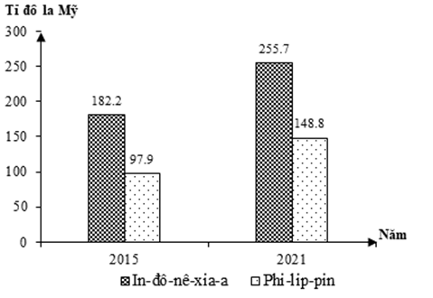 Cho biểu đồ:  GIÁ TRỊ NHẬP KHẨU CỦA IN-ĐÔ-NÊ-XI-A VÀ PHI-LIP-PIN NĂM 2015 VÀ 2021(Số liệu theo Niên giám thống kê Việt Nam 2021, NXB Thống kê, 2022) Theo biểu đồ, nhận xét nào sau đây đúng về sự thay đổi giá trị nhập khẩu năm 2021 so với năm 2015 của In-đô-nê-xi-a và Phi-lip-pin? (ảnh 1)