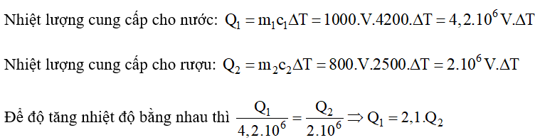 Một lượng nước và một lượng rượu có thể tích bằng nhau được cung cấp các nhiệt lượng tương ứng là (ảnh 1)