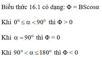 Từ biểu thức (16.1) Φ = BScosα hãy cho biết trong trường hợp nào thì từ thông qua vòng dây diện tích S giới hạn bởi dẫn kín (C) có trị số bằng 0, có trị số dương, trị số âm. (ảnh 1)