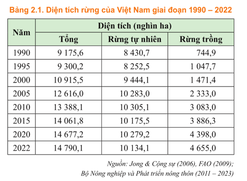 Dựa vào số liệu trong Bảng 2.1, hãy nhận xét về hoạt động phát triển rừng ở Việt Nam trong giai đoạn 1990 - 2022.   (ảnh 1)