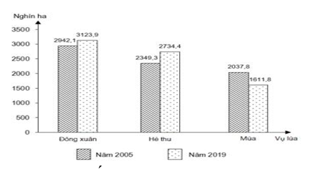 Cho biểu đồ sau:   (Số liệu theo Niên giám thống kê Việt Nam 2019, NXB Thống kê, 2020) Biểu đồ thể hiện nội dung nào sau đây về sản xuất lúa nước ta năm 2005 và 2019? (ảnh 1)