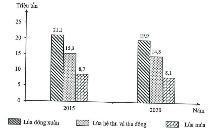 Cho biểu đồ về sản lượng các vụ lúa của nước ta năm 2015 và năm 2020 :   (Số liệu theo Niên giám thống kê Việt Nam 2021, NXB Thống kê, 2022) Biểu đồ thể hiện nội dung nào sau đây? (ảnh 1)