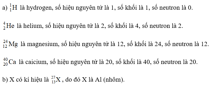 a) Hãy nêu tên gọi, số hiệu nguyên tử, số khối và số neutron của các hạt nhân sau (ảnh 1)