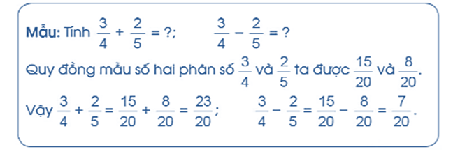 Tính (theo mẫu):   a) 4/5 + 1/2 = .......  b)   3/5 + 2/7 = .................. (ảnh 1)