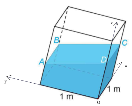 (H.5.39) Trong một bể hình lập phương cạnh 1 m có chứa một ít nước. Người ta đặt đáy bể nghiêng so với mặt phẳng nằm ngang. Biết rằng, lúc đó mặt nước có dạng hình bình hành ABCD và khoảng cách từ các điểm A, B, C đến đáy bể tương ứng là 40 cm, 44 cm, 48 cm. a) Khoảng cách từ điểm D đến đáy  (ảnh 2)