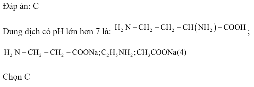 Có các dd riêng biệt sau:   Số lượng các dd có  là 	A. 3.	B. 1.	C. 4.	D. 2. Đáp án: C Dung dịch có pH lớn hơn 7 là: ;  Chọn C (ảnh 3)