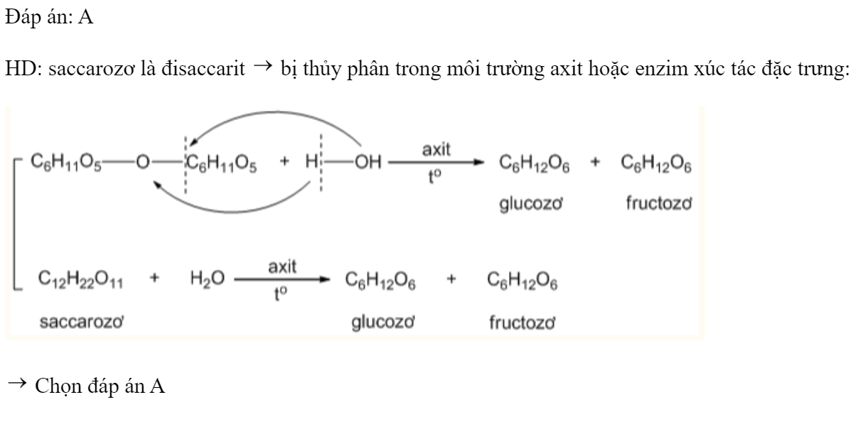 Chất nào sau đây bị thủy phân khi đun nóng trong môi trường axit? 	A. Saccarozơ.		B. Glixerol. 	C. Glucozơ.		D. Fructozơ. Đáp án: A HD: saccarozơ là đisaccarit  bị thủy phân trong môi trường axit hoặc enzim xúc tác đặc trưng:   Chọn đáp án A (ảnh 1)
