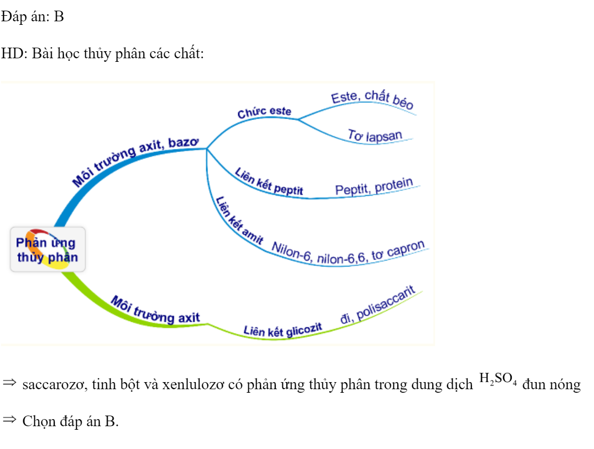 Dãy các chất đều có khả năng tham gia phản ứng thủy phân trong dung dịch  đun nóng là 	A. fructozơ, saccarozơ và tinh bột.	B. saccarozơ, tinh bột và xenlulozơ. 	C. glucozơ, saccarozơ và fructozơ.	D. glucozơ, tinh bột và xenlulozơ. Đáp án: B HD: Bài học thủy phân các chất:    saccarozơ, tinh bột và xenlulozơ có phản ứng thủy phân trong dung dịch  đun nóng   Chọn đáp án B. (ảnh 1)