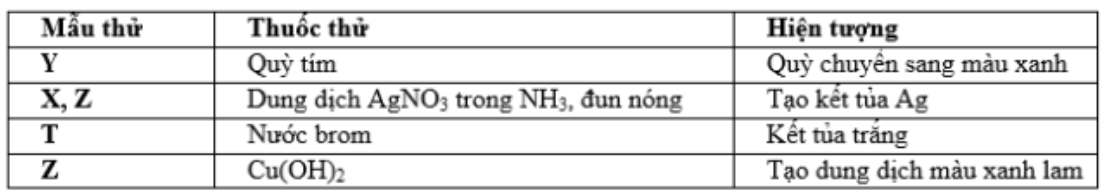 Tiến hành thí nghiệm với các dung dịch X, Y, Z và T. Kết quả được ghi ở bảng sau:  X, Y, Z, T lần lượt là A. Amoni fomat, lysin, fructozơ, anilin. B. metyl fomat, etylamin, glucozơ, axit metacrylic. C. Glucozơ, đimetylamin, etyl fomat, anilin. D. Lysin, etyl fomat, glucozo, phenol. Đáp án: A Giải: Y làm quỳ hóa xanh  Loại D T tạo kết tủa với nước brom  Loại B Z hòa  Loại C.  Chọn A (ảnh 1)