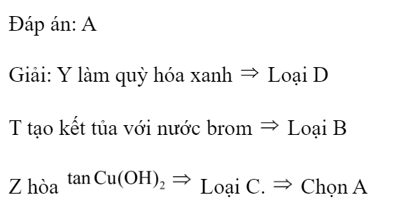 Tiến hành thí nghiệm với các dung dịch X, Y, Z và T. Kết quả được ghi ở bảng sau:  X, Y, Z, T lần lượt là A. Amoni fomat, lysin, fructozơ, anilin. B. metyl fomat, etylamin, glucozơ, axit metacrylic. C. Glucozơ, đimetylamin, etyl fomat, anilin. D. Lysin, etyl fomat, glucozo, phenol. Đáp án: A Giải: Y làm quỳ hóa xanh  Loại D T tạo kết tủa với nước brom  Loại B Z hòa  Loại C.  Chọn A (ảnh 2)