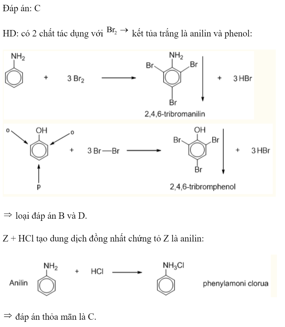 Các chất: phenol, anilin, saccarozơ, axit glutamic được kí hiệu ngẫu nhiên là X, Y, Z, T. Một số kết quả thí nghiệm ở điều kiện thường được ghi ở bảng sau.  Các chất X, Y, Z, T lần lượt là 	A. saccarozo, anilin, phenol, axit glutamic.	B. axit glutamic, saccarozơ, anilin, phenol. 	C. saccarozo, phenol, anilin, axit glutamic.	D. anilin, axit glutamic, phenol, saccarozo. Đáp án: C HD: có 2 chất tác dụng với  kết tủa trắng là anilin và phenol:   loại đáp án B và D. Z + HCl tạo dung dịch đồng nhất chứng tỏ Z là anilin:   đáp án thỏa mān là C. (ảnh 2)