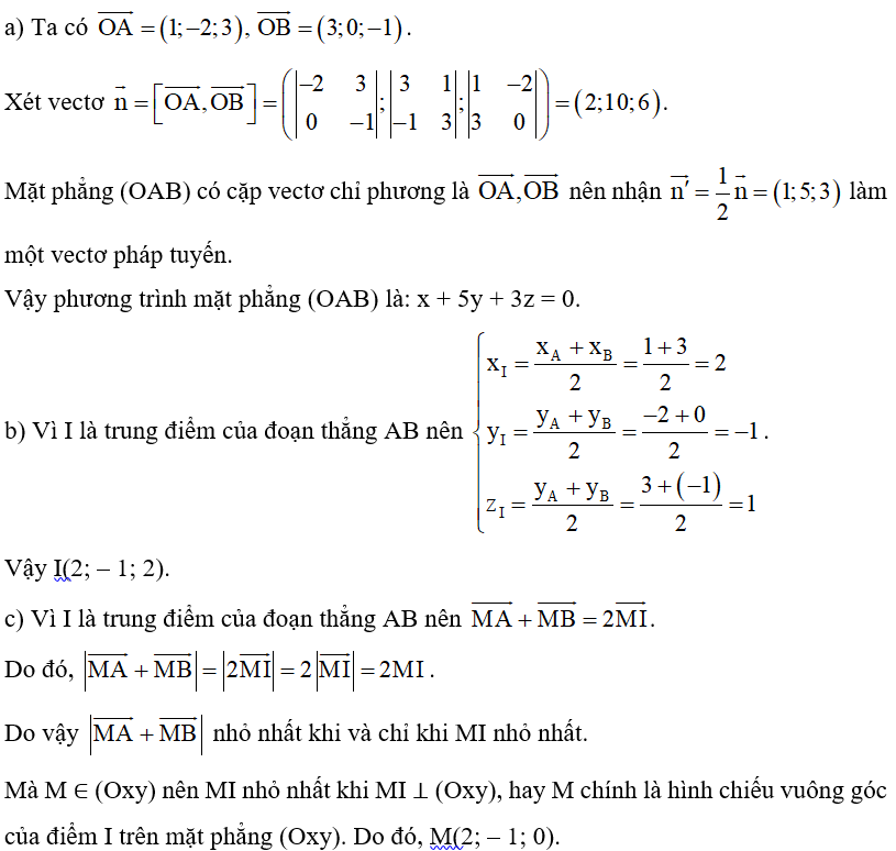 Trong không gian Oxyz, cho hai điểm A(1; – 2; 3), B(3; 0; – 1).  a) Viết phương trình mặt phẳng (OAB).  b) Tìm tọa độ trung điểm I của đoạn thẳng AB. (ảnh 1)