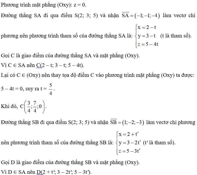 Trong không gian Oxyz, có một nguồn sáng phát ra từ điểm S(2; 3; 5) và một đoạn dây thẳng nối từ điểm (ảnh 1)