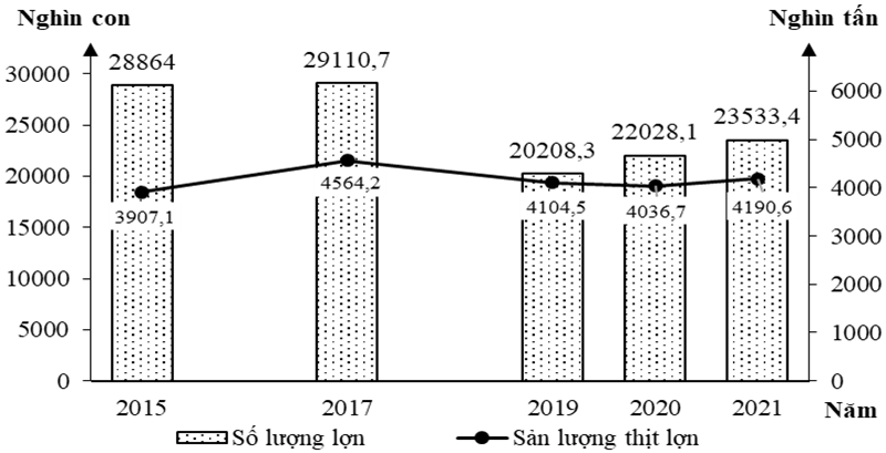Cho biểu đồ về số lượng lợn và sản lượng thịt lợn của nước ta, giai đoạn 2015 - 2021:     Biểu đồ thể hiện nội dung nào sau đây? (ảnh 1)