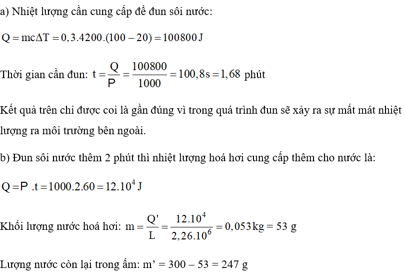 a) Một ấm điện công suất 1 000 W. Tính thời gian cần thiết để đun 300 g nước có nhiệt độ ban đầu là (ảnh 1)