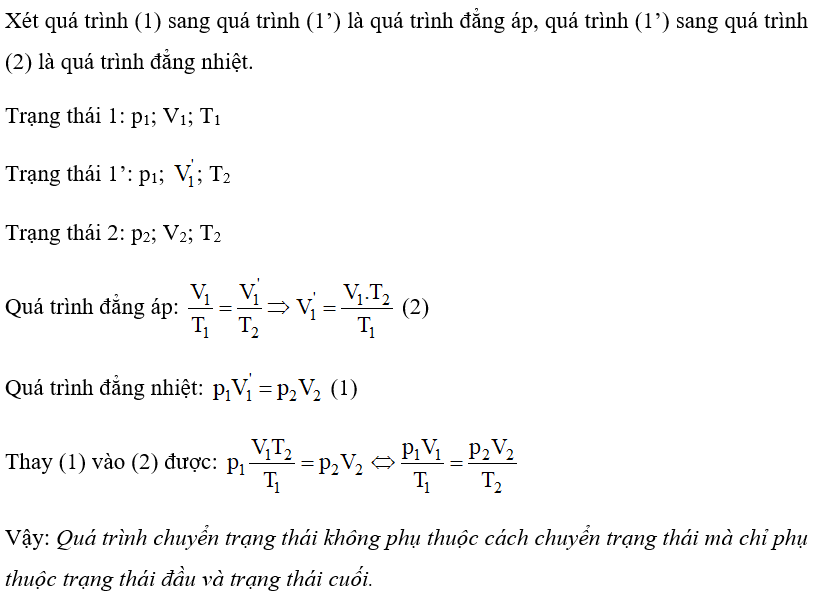 Hãy lập phương trình p1V1/ T1= p2V2/ T2  bằng một cách biến đổi trạng thái khác cách trong Hình 11.1 để chứng tỏ (ảnh 1)