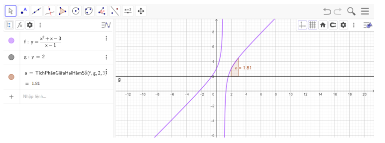 Sử dụng phần mềm GeoGebra để minh họa và tính gần đúng tích phân 2 đến 3 của x^2 +x -3/ x-1 -2 dx . (ảnh 1)