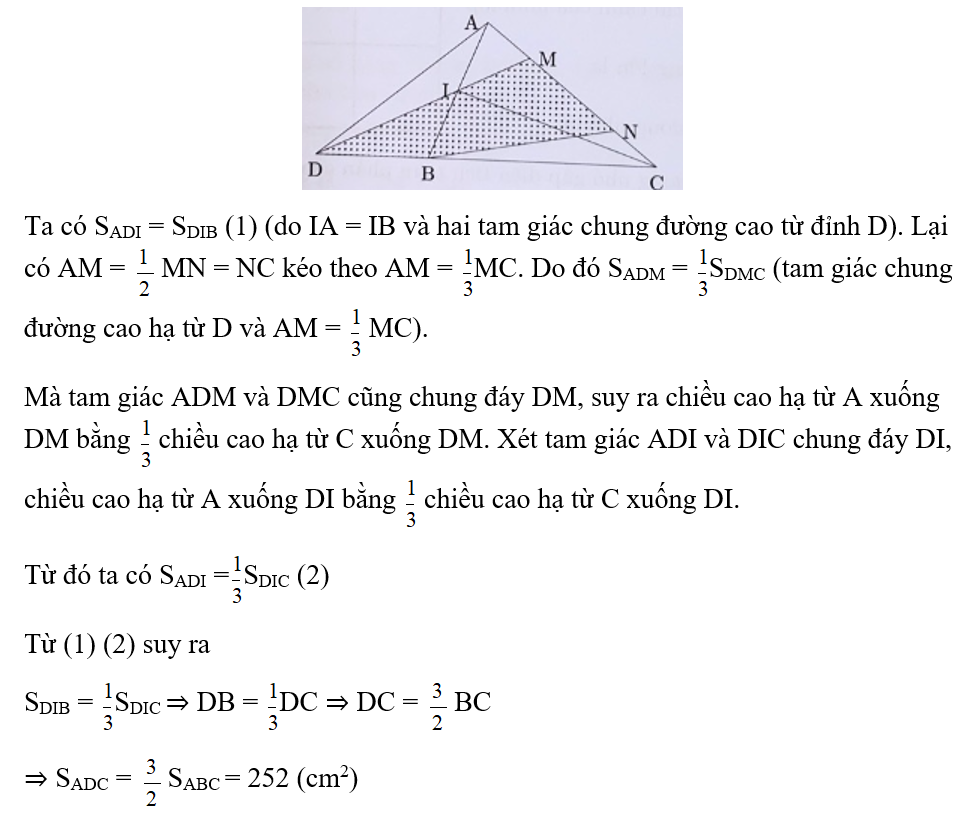 Cho tam giác ABC có AM = NC = 1/4 AC; AI = IB; kéo dài MI cắt BC kéo (ảnh 1)