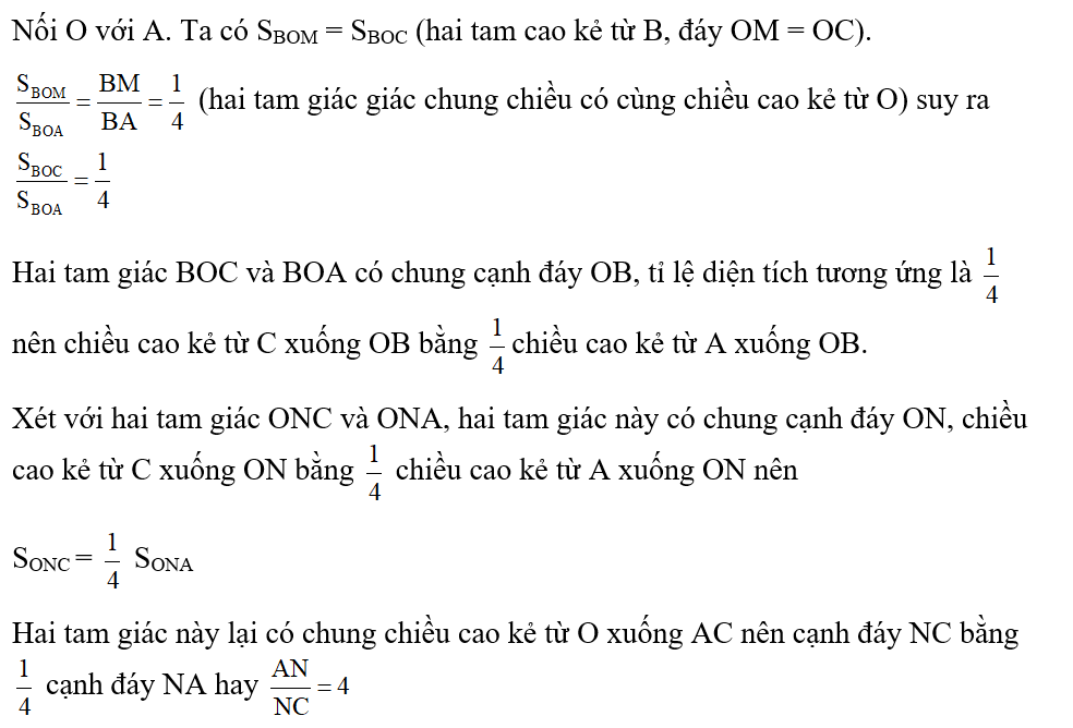 Cho tam giác ABC, điểm M trên cạnh AB sao cho AM = 3MB, điểm O là trung điểm  (ảnh 1)