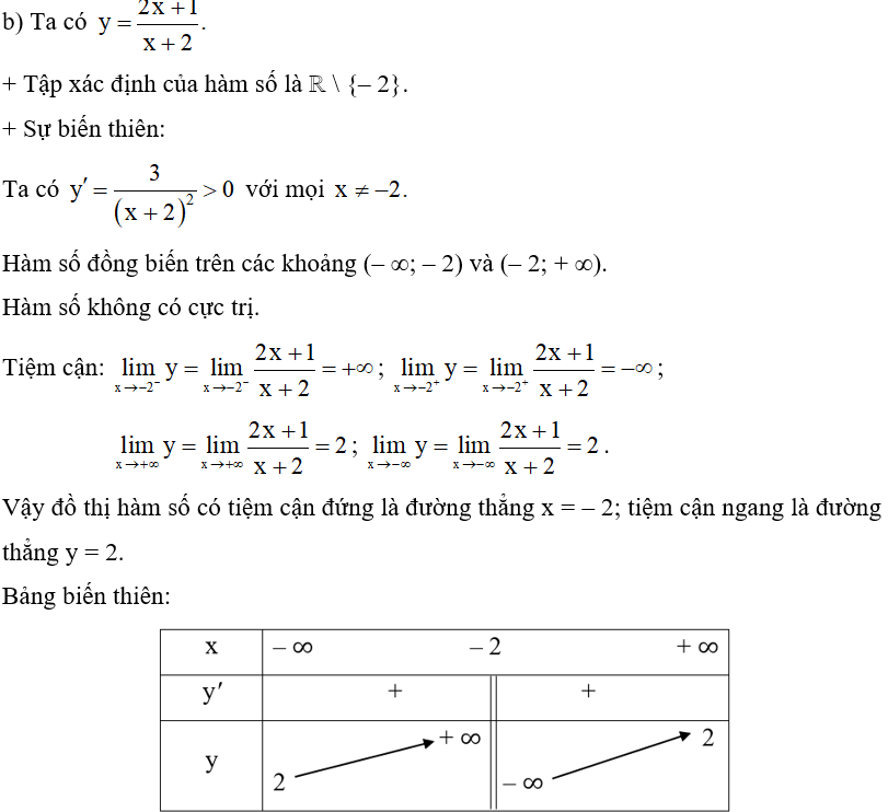 Khảo sát sự biến thiên và vẽ đồ thị của các hàm số sau:  b) y = 2x+1/ x+2 ;  (ảnh 1)