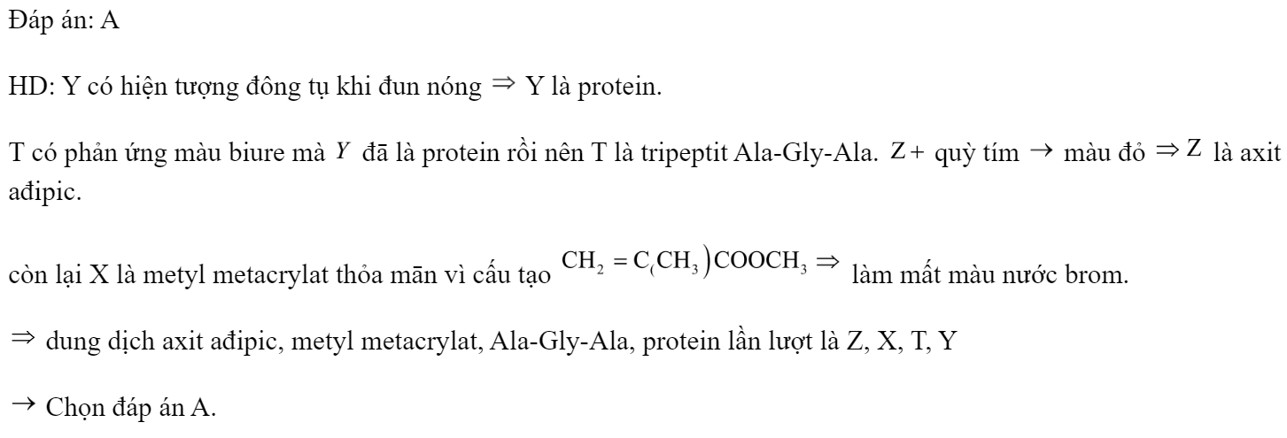 Các dung dịch: axit ađipic, metyl metacrylat, Ala-Gly-Ala, protein được kí hiệu ngẫu nhiên là X, Y, Z, T. Một số kết quả thí nghiệm được ghi lại ở bảng sau.  Các dung dịch axit ađipic, metyl metacrylat, Ala-Gly-Ala, protein được kí hiệu lần lượt là 	A. Z, X, T, Y.		B. Y, T, Z, X. 	C. T, Y, X, Z.		D. X, Y, Z, T. Đáp án: A HD: Y có hiện tượng đông tụ khi đun nóng  Y là protein. T có phản ứng màu biure mà  đā là protein rồi nên T là tripeptit Ala-Gly-Ala.  quỳ tím  màu đỏ  là axit ađipic. còn lại X là metyl metacrylat thỏa mān vì cấu tạo  làm mất màu nước brom.  dung dịch axit ađipic, metyl metacrylat, Ala-Gly-Ala, protein lần lượt là Z, X, T, Y   Chọn đáp án A. (ảnh 2)