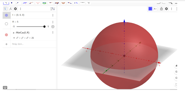 Sử dụng phần mềm GeoGebra để biểu diễn mặt cầu (S): x^2 + y^2 + z^2 = 25 và (S'): (x – 2)^2 + (y + 3)^2 + (z + 2)^2 = 9. (ảnh 1)