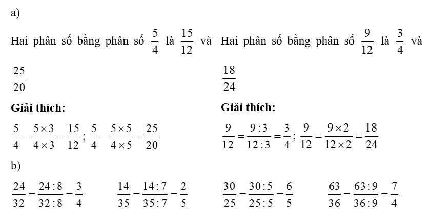 a) Viết hai phân số bằng mỗi phân số sau: 5/4; 9/12 (ảnh 1)