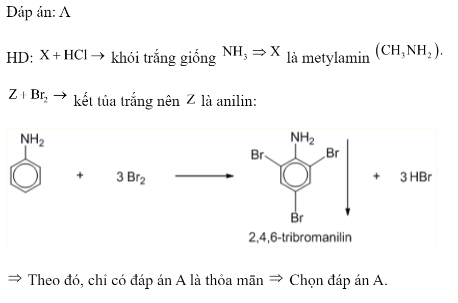 X, Y, Z, T là một trong số những chất benzylamin, metylamin, anilin, metyl fomat. Kết quả nghiên cứu một số tính chất được thể hiện ở bảng dưới đây?  Các chất X, Y, Z và T tương ứng là A. Metylamin, metylfomat, anilin và benzylamin. B. Metylfomat, metylamin, anilin và benzylamin. C. Benzylamin, metylfomat, anilin và benzylamin. D. Metylamin, metylfomat, benzylamin và anilin.  Đáp án: A HD:  khói trắng giống  là metylamin   kết tủa trắng nên  là anilin:   Theo đó, chỉ có đáp án A là thỏa mān  Chọn đáp án A. (ảnh 2)