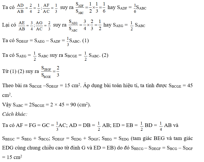 Cho tam giác ABC có BE = ED = 1/2 AD, AF = FG = GC (hình vẽ bên (ảnh 2)