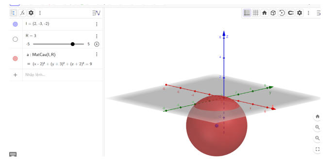 Sử dụng phần mềm GeoGebra để biểu diễn mặt cầu (S): x^2 + y^2 + z^2 = 25 và (S'): (x – 2)^2 + (y + 3)^2 + (z + 2)^2 = 9. (ảnh 2)