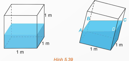 (H.5.39) Trong một bể hình lập phương cạnh 1 m có chứa một ít nước. Người ta đặt đáy bể nghiêng so với mặt phẳng nằm ngang. Biết rằng, lúc đó mặt nước có dạng hình bình hành ABCD và khoảng cách từ các điểm A, B, C đến đáy bể tương ứng là 40 cm, 44 cm, 48 cm. a) Khoảng cách từ điểm D đến đáy  (ảnh 1)