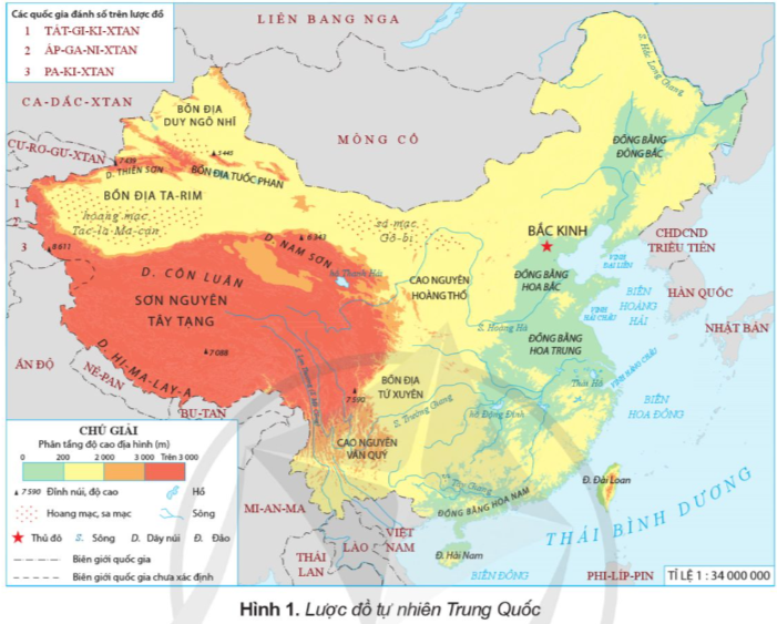 Đọc thông tin và quan sát các hình 1, 2, em hãy trình bày một số đặc điểm cơ bản về tự nhiên và dân cư của Trung Quốc. (ảnh 1)