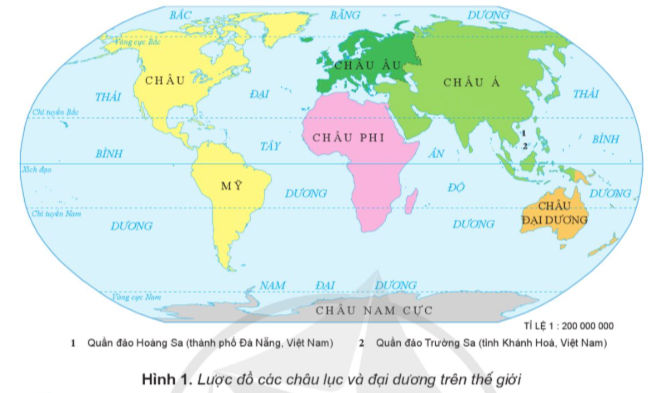 Quan sát hình 1, em hãy: • Xác định vị trí địa lí của các châu lục trên lược đồ. • Cho biết mỗi châu lục tiếp giáp với châu lục và đại dương nào. (ảnh 1)