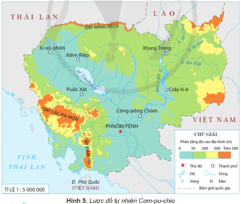 Quan sát hình 5, em hãy xác định vị trí địa lí của Cam-pu-chia trên lược đồ. (ảnh 1)