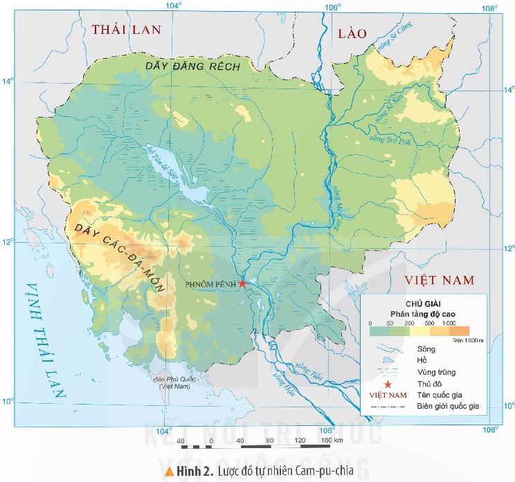 Đọc thông tin và quan sát hình 2, em hãy nêu một số đặc điểm tự nhiên và dân cư của Cam-pu-chia. (ảnh 1)