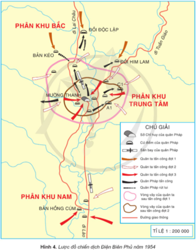 Sử dụng lược đồ hình 4, tóm tắt diễn biến chính của chiến dịch Điện Biên Phủ bằng đường thời gian. (ảnh 1)