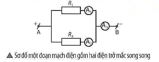 Cho đoạn mạch điện AB gồm hai điện trở   và   mắc song song như hình bên dưới. Biết ampe kế A1 chỉ 2 A, ampe kế A2 chỉ 3 A. (ảnh 1)