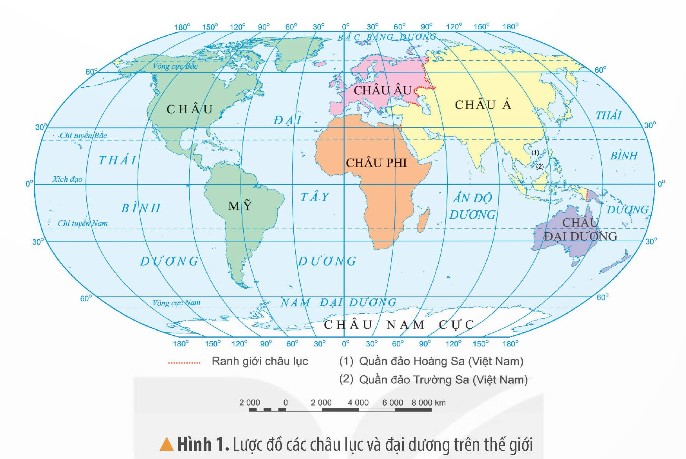 Đọc thông tin, quan sát hình 1 và bảng 1, em hãy: - Kể tên và xác định vị trí địa lí của các châu lục trên bản đồ.  (ảnh 1)