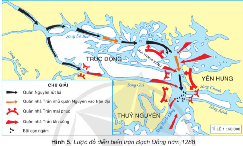 Đọc thông tin và quan sát các hình 4, 5, em hãy: • Kể lại chiến thắng Bạch Đằng năm 1288. • Kể câu chuyện về một nhân vật trong cuộc kháng chiến chống quân xâm lược Mông-Nguyên mà em yêu thích. (ảnh 2)