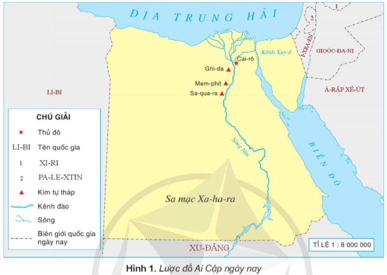 Đọc thông tin và quan sát hình 1, em hãy xác định vị trí địa lí của Ai Cập ngày nay trên lược đồ. (ảnh 1)