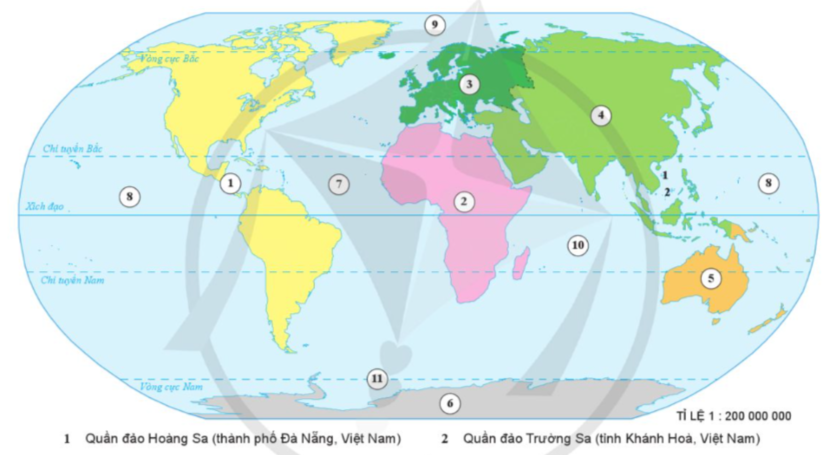 a) Quan sát hình 1, em hãy cho biết tương ứng với các số từ 1 đến 11 là những châu lục và đại dương nào trên thế giới. (ảnh 1)