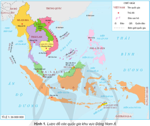 Quan sát hình 1, em hãy: • Xác định vị trí địa lí của khu vực Đông Nam Á trên lược đồ. • Kể tên và chỉ vị trí các quốc gia trong khu vực Đông Nam Á. (ảnh 1)