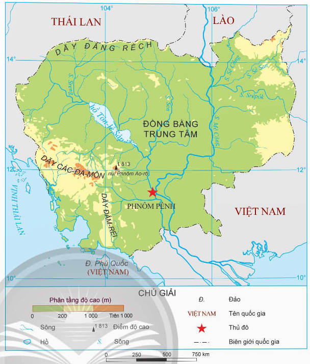 Đọc thông tin và quan sát hình 1, em hãy xác định vị trí địa lí của Cam-pu-chia. (ảnh 1)