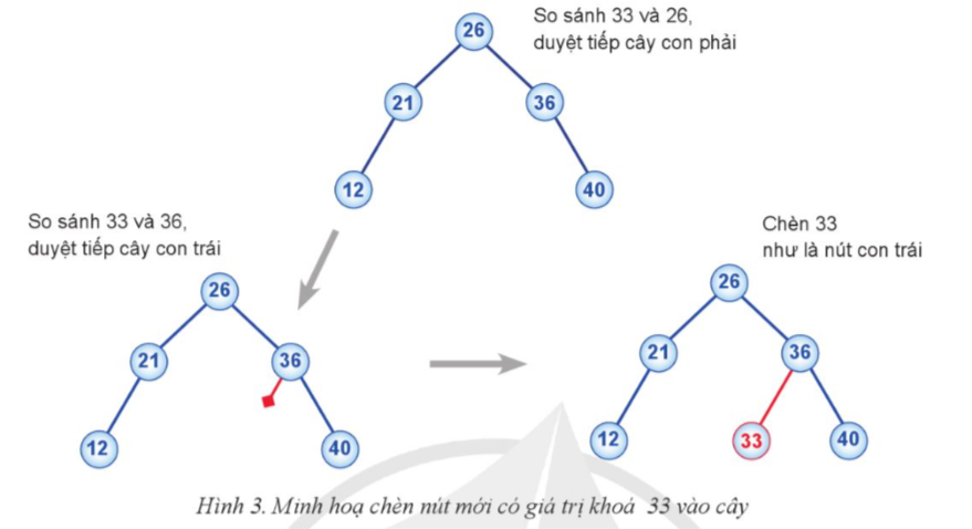 Từ cây tìm kiểm nhị phân trong Hình 3 sau khi đã chèn thêm nút có giá trị khóa 33, em hãy mô tả từng bước chèn một nút mới có giá trị khóa bằng 28 vào cây. (ảnh 1)