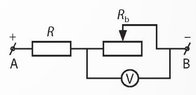 Cho đoạn mạch điện AB như hình bên. Điện trở R có trị số 10 Ω. Khi biến trở Rb được điều chỉnh từ giá trị 0 đến 40 Ω thì số chỉ nhỏ nhất và lớn nhất của vôn kế bằng bao nhiêu? Biết UAB = 12 V. (ảnh 1)