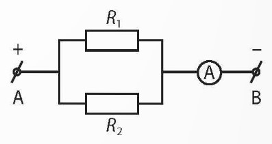 Cho đoạn mạch điện AB như hình bên. Biết UAB = 6 V, R1 = 4 Ω, R2 = 6 Ω. a) Xác định số chỉ của ampe kế.  (ảnh 1)
