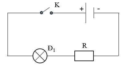 Vẽ sơ đồ mạch điện gồm một nguồn điện, công tắc mở, một bóng đèn và một điện trở mắc nối tiếp. (ảnh 1)